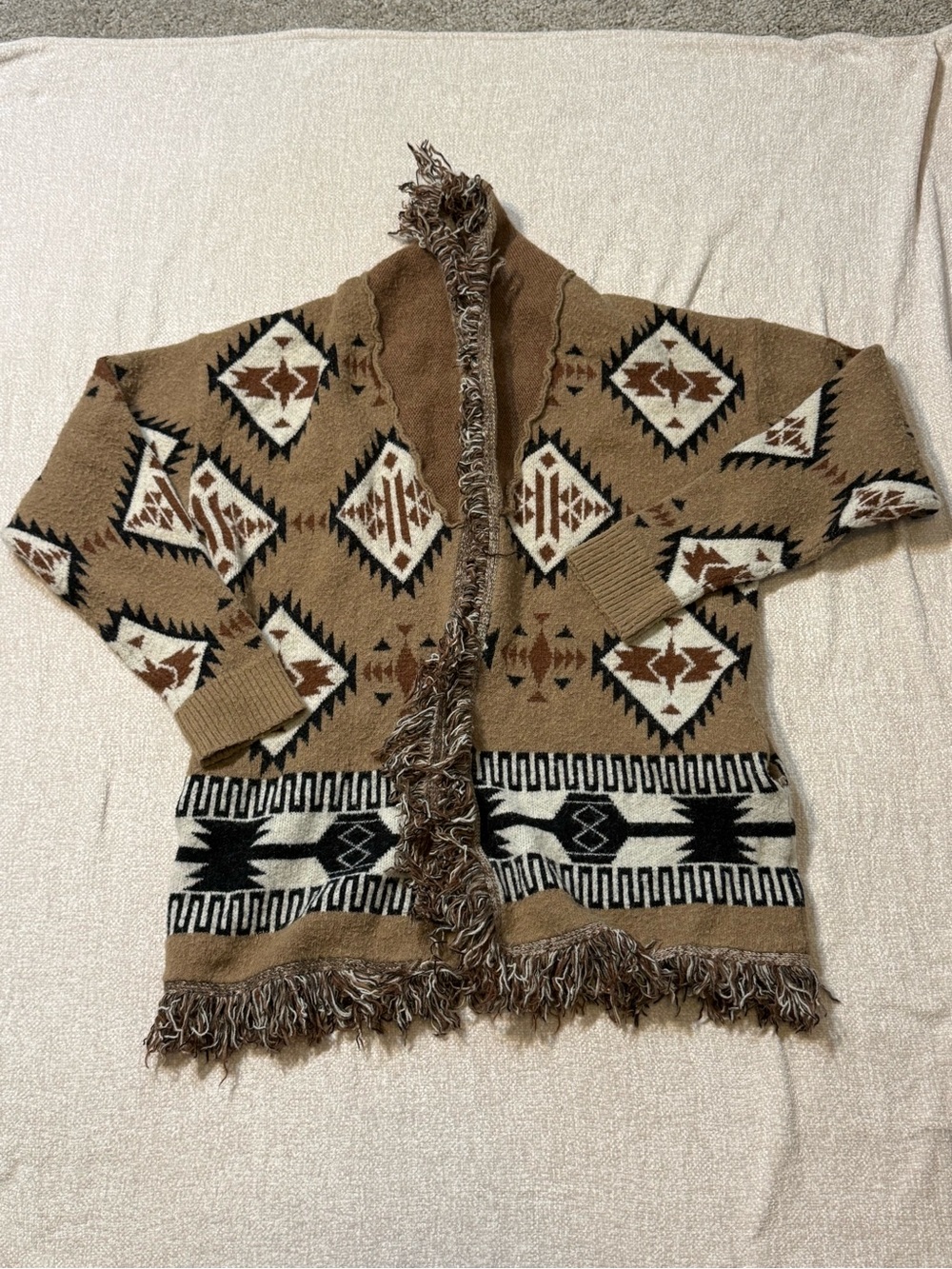 Amie Women’s L Southwestern Fringe Cardigan Western Boho Cowgirl Brown Knit